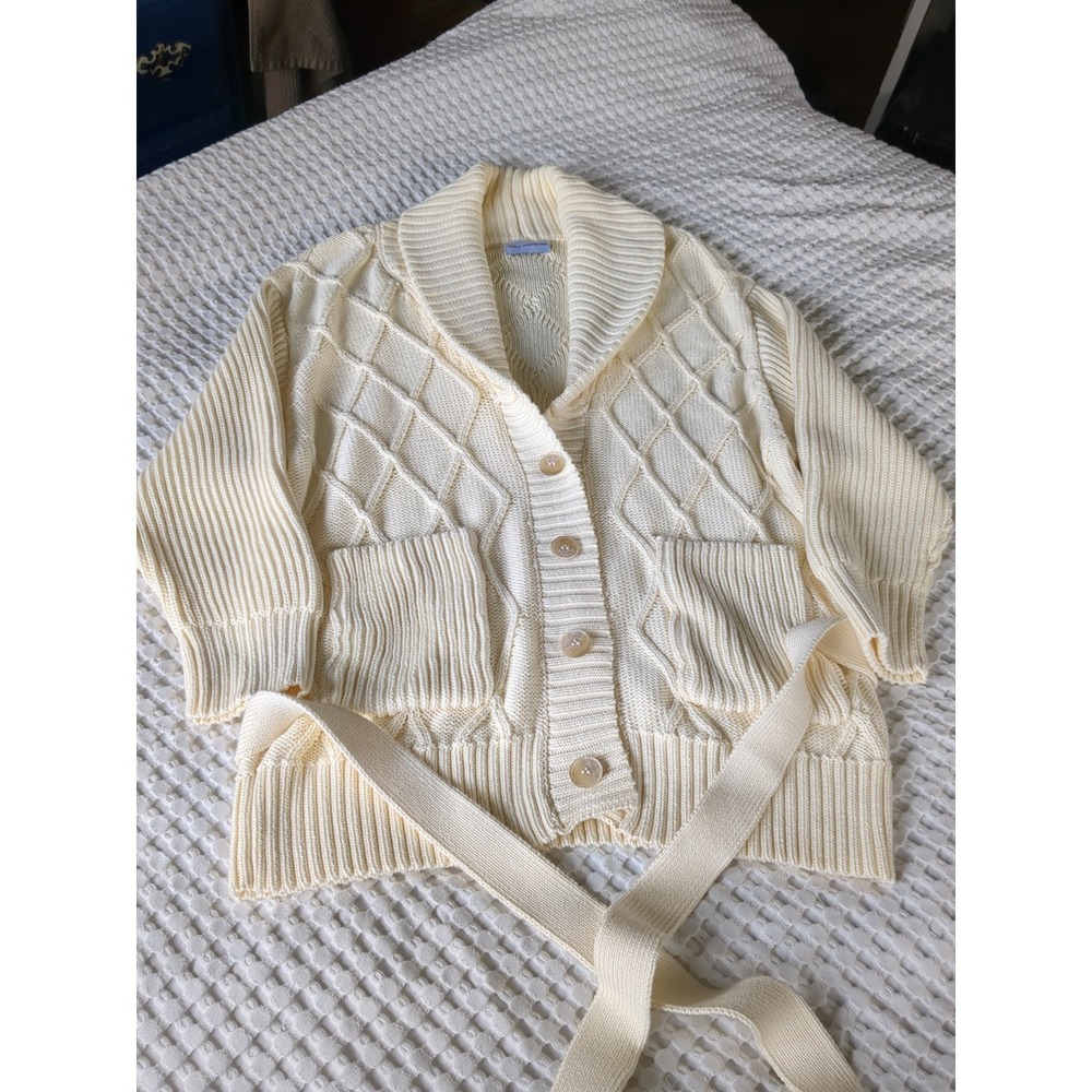 Molly Moorkamp Cable Knit Shawl Collar Cardigan Sweater Cream Button Sz Medium
